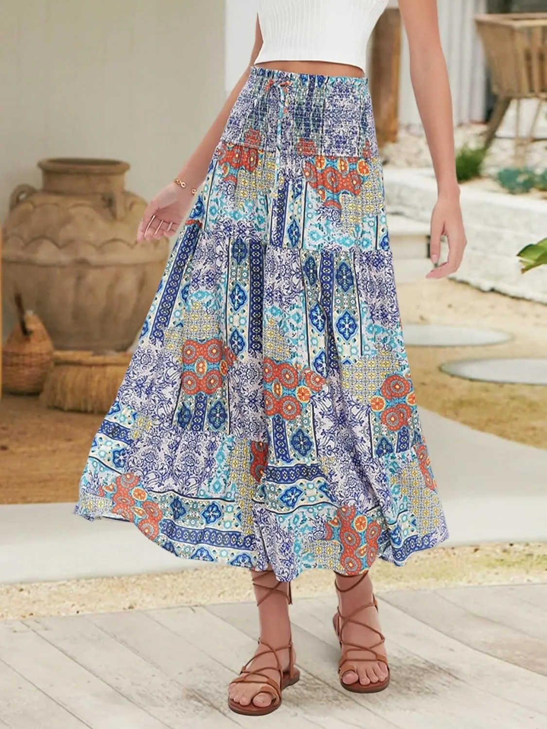 ZABERRY Womens Boho Floral Summer Maxi Skirt 2025 Elastic High Waist Pleated A Line Ruffle Flowy Long Skirts