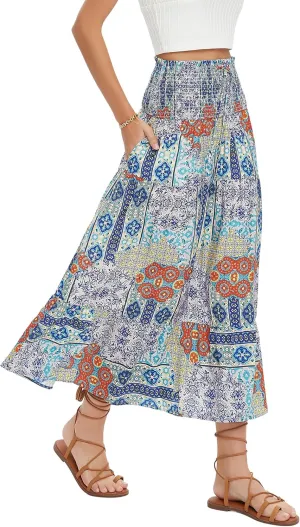 ZABERRY Womens Boho Floral Summer Maxi Skirt 2025 Elastic High Waist Pleated A Line Ruffle Flowy Long Skirts