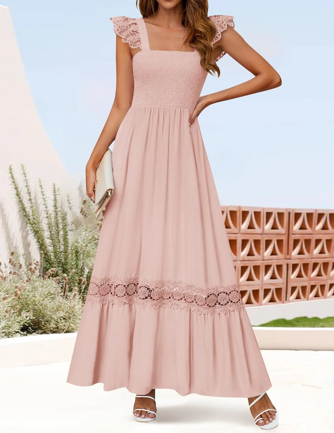 ZESICA Women's 2025 Summer Lace Strap Sleeveless Square Neck Smocked High Waist Ruffle Hollow Out Flowy A Line Maxi Dress