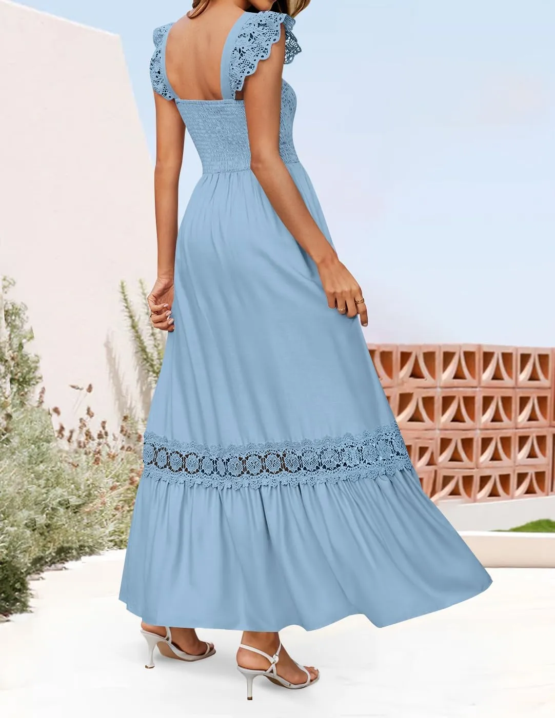 ZESICA Women's 2025 Summer Lace Strap Sleeveless Square Neck Smocked High Waist Ruffle Hollow Out Flowy A Line Maxi Dress