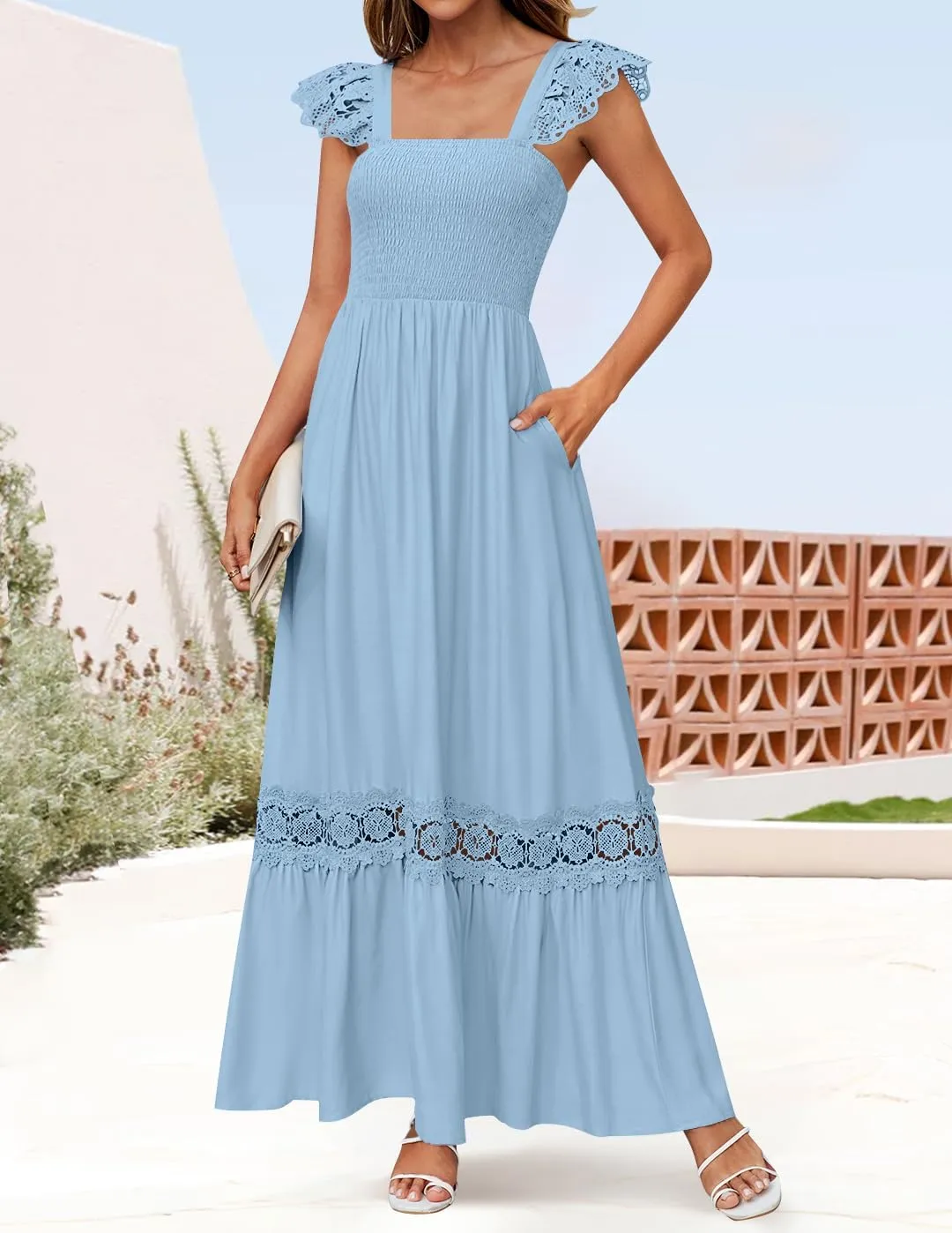 ZESICA Women's 2025 Summer Lace Strap Sleeveless Square Neck Smocked High Waist Ruffle Hollow Out Flowy A Line Maxi Dress