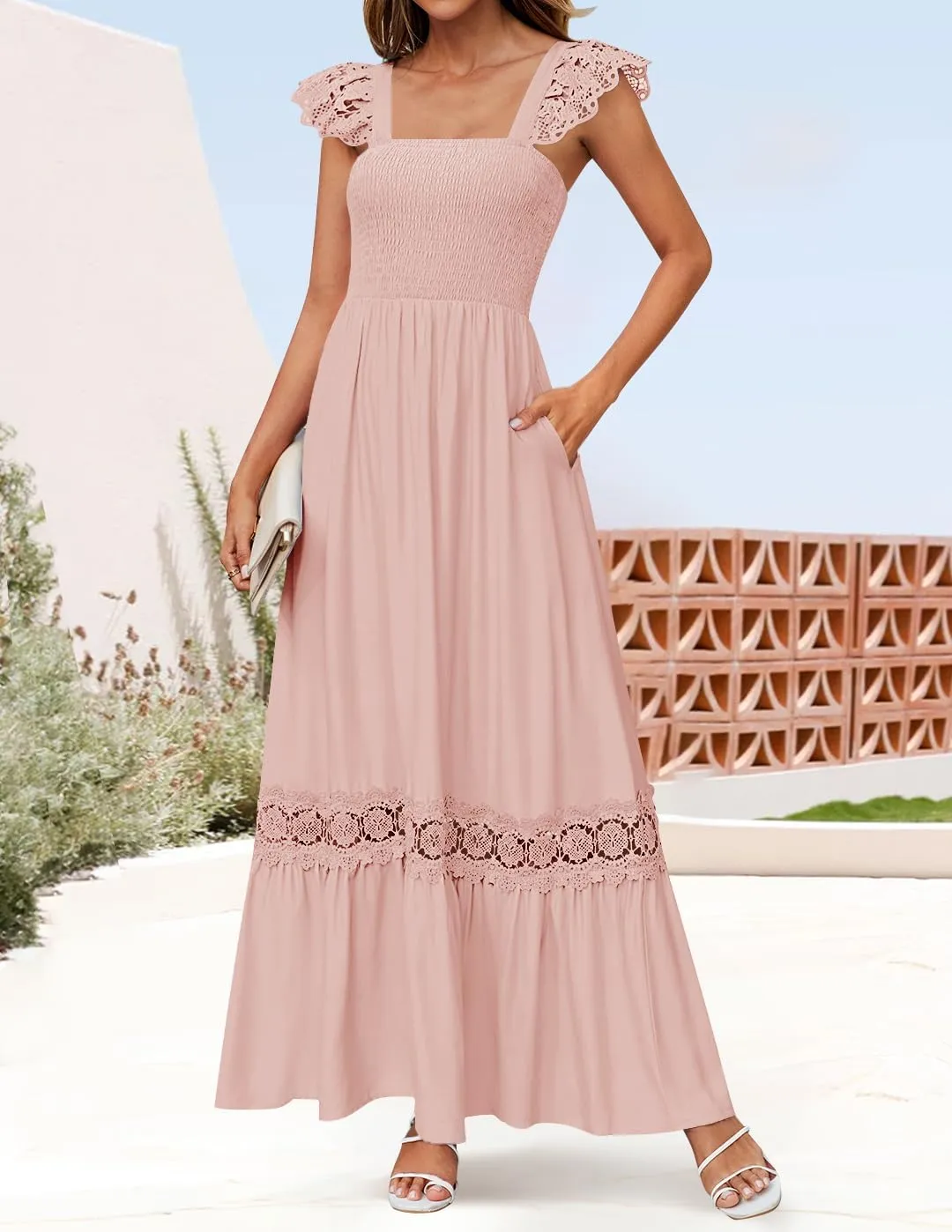 ZESICA Women's 2025 Summer Lace Strap Sleeveless Square Neck Smocked High Waist Ruffle Hollow Out Flowy A Line Maxi Dress