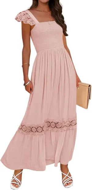 ZESICA Women's 2025 Summer Lace Strap Sleeveless Square Neck Smocked High Waist Ruffle Hollow Out Flowy A Line Maxi Dress