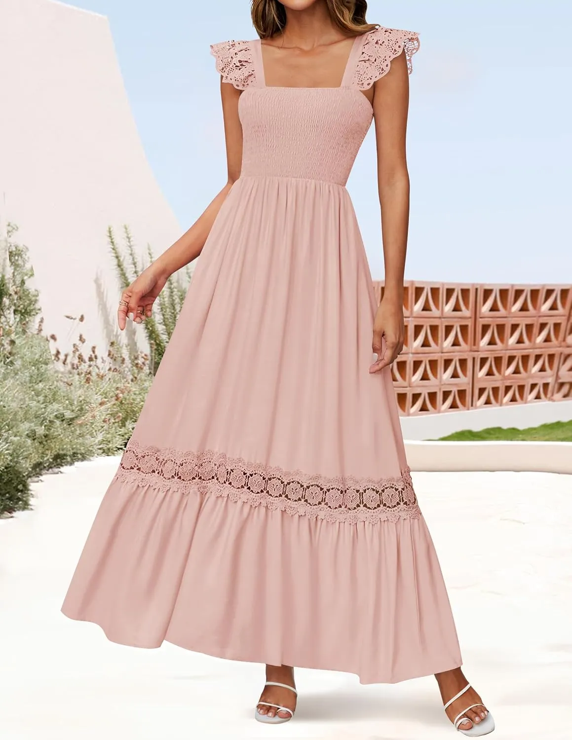 ZESICA Women's 2025 Summer Lace Strap Sleeveless Square Neck Smocked High Waist Ruffle Hollow Out Flowy A Line Maxi Dress