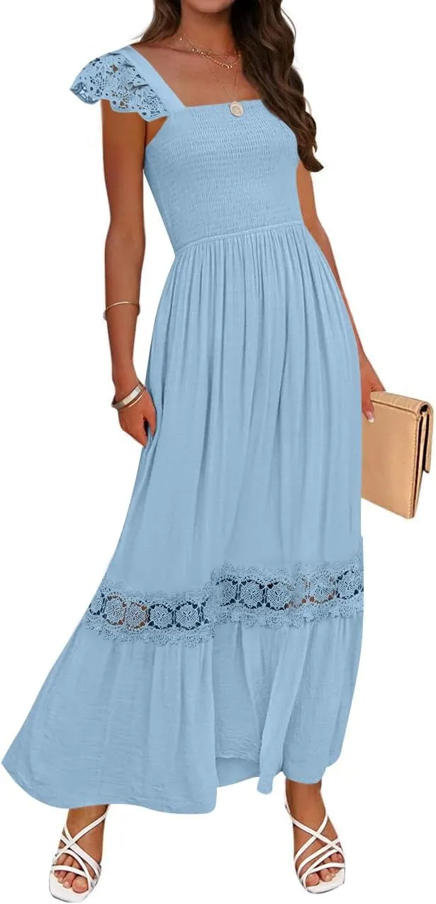 ZESICA Women's 2025 Summer Lace Strap Sleeveless Square Neck Smocked High Waist Ruffle Hollow Out Flowy A Line Maxi Dress