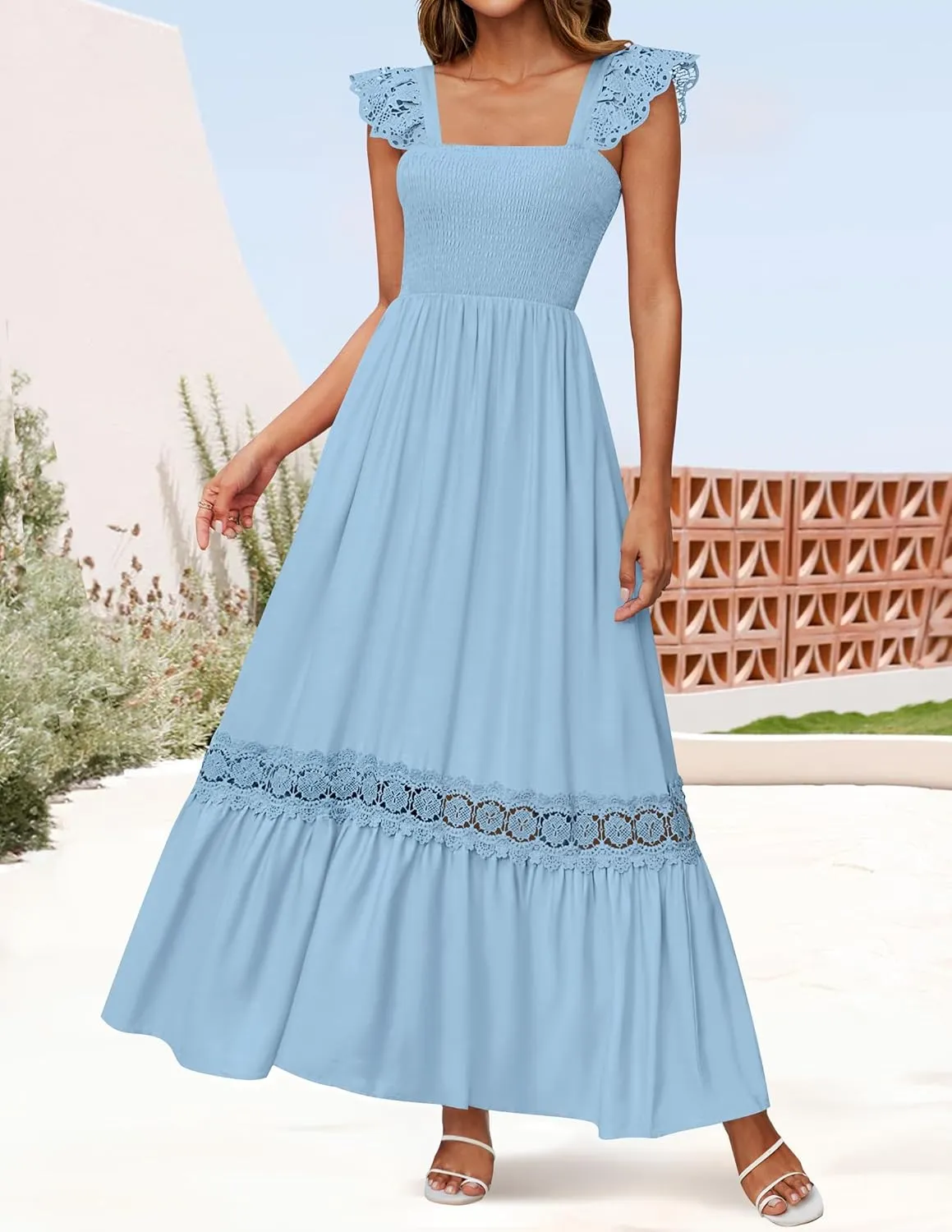 ZESICA Women's 2025 Summer Lace Strap Sleeveless Square Neck Smocked High Waist Ruffle Hollow Out Flowy A Line Maxi Dress