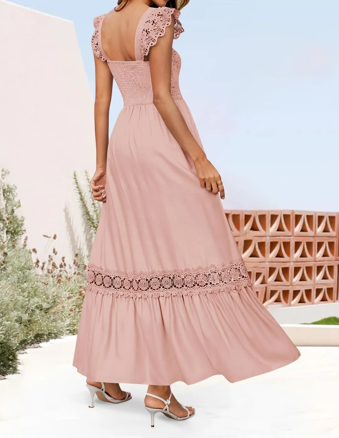 ZESICA Women's 2025 Summer Lace Strap Sleeveless Square Neck Smocked High Waist Ruffle Hollow Out Flowy A Line Maxi Dress